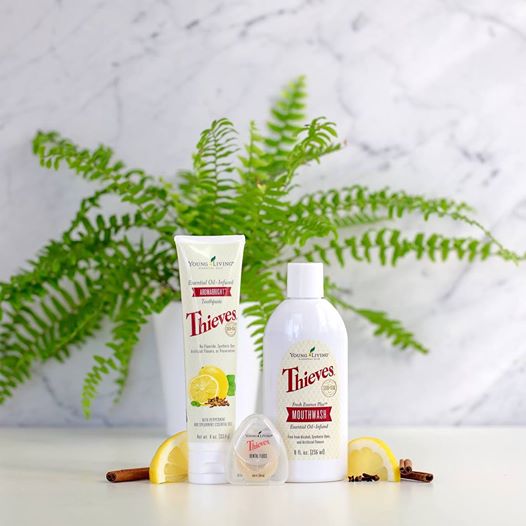 Graphic of Thieves® dental care range in a bathroom