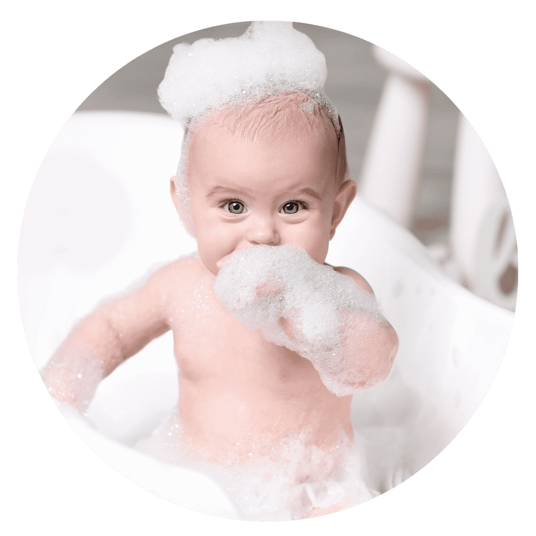 Graphic of a cute smiling baby in a bubble bath