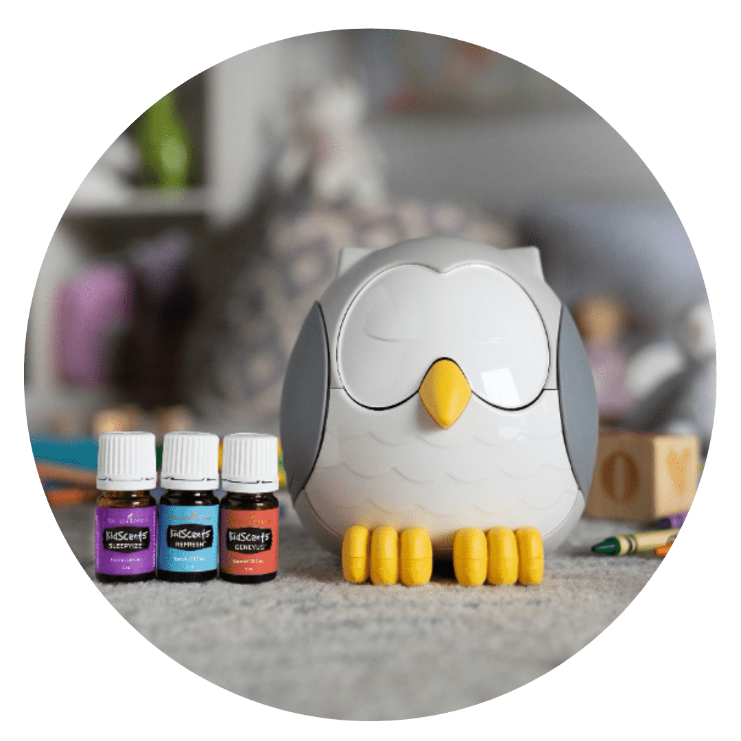 Graphic of Young Living KidScents® Feather the Owl diffuser and KidScents® SleepyIze™, TummyGize™, and GeneYus™ essential oil blends