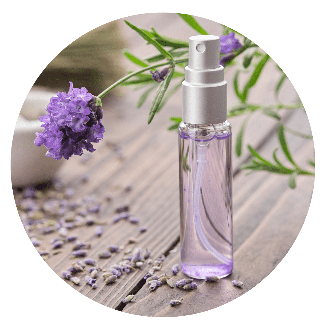 Graphic Of an essential oil spray bottle surrounded by flowers