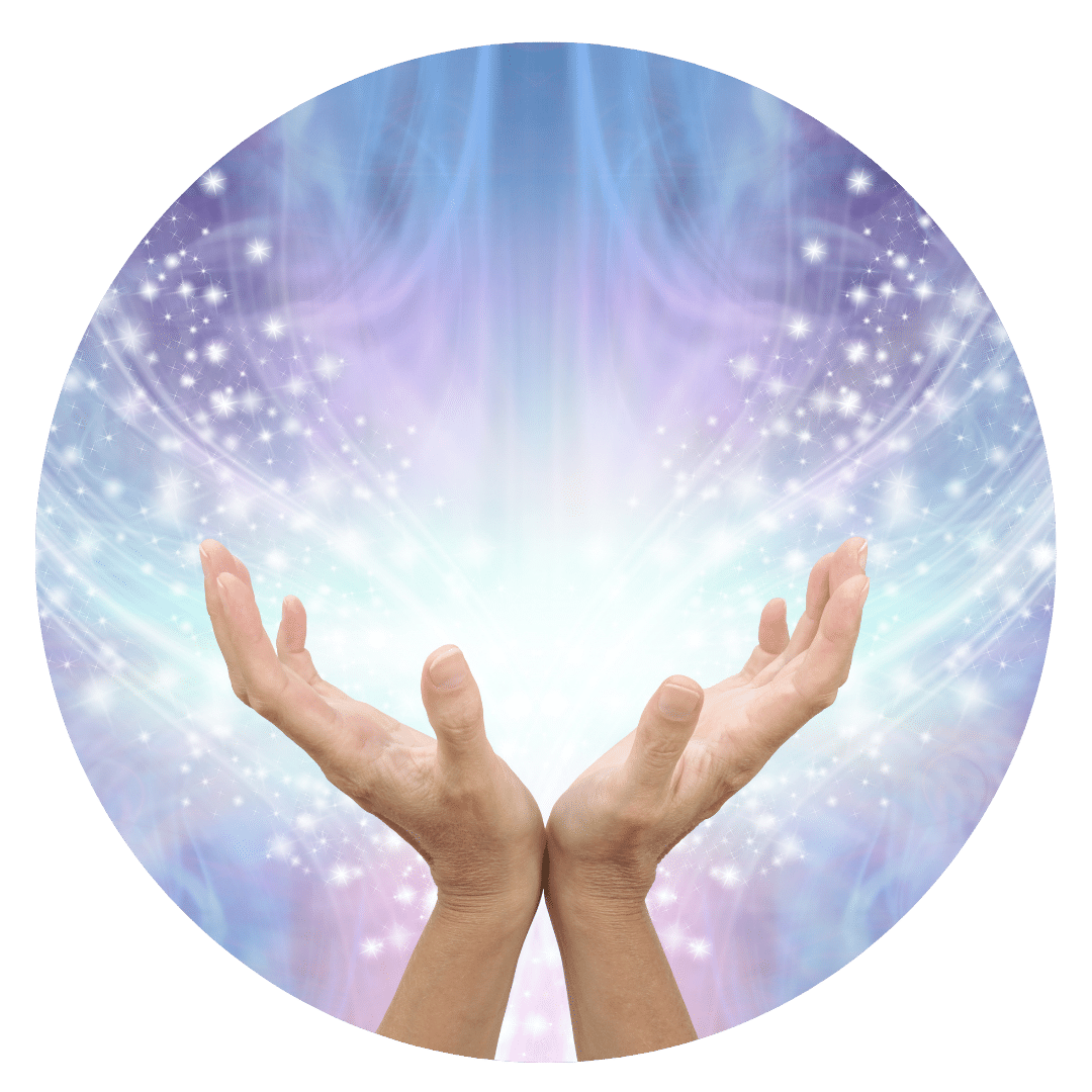 Graphic of two hands holding swirling colourful energy