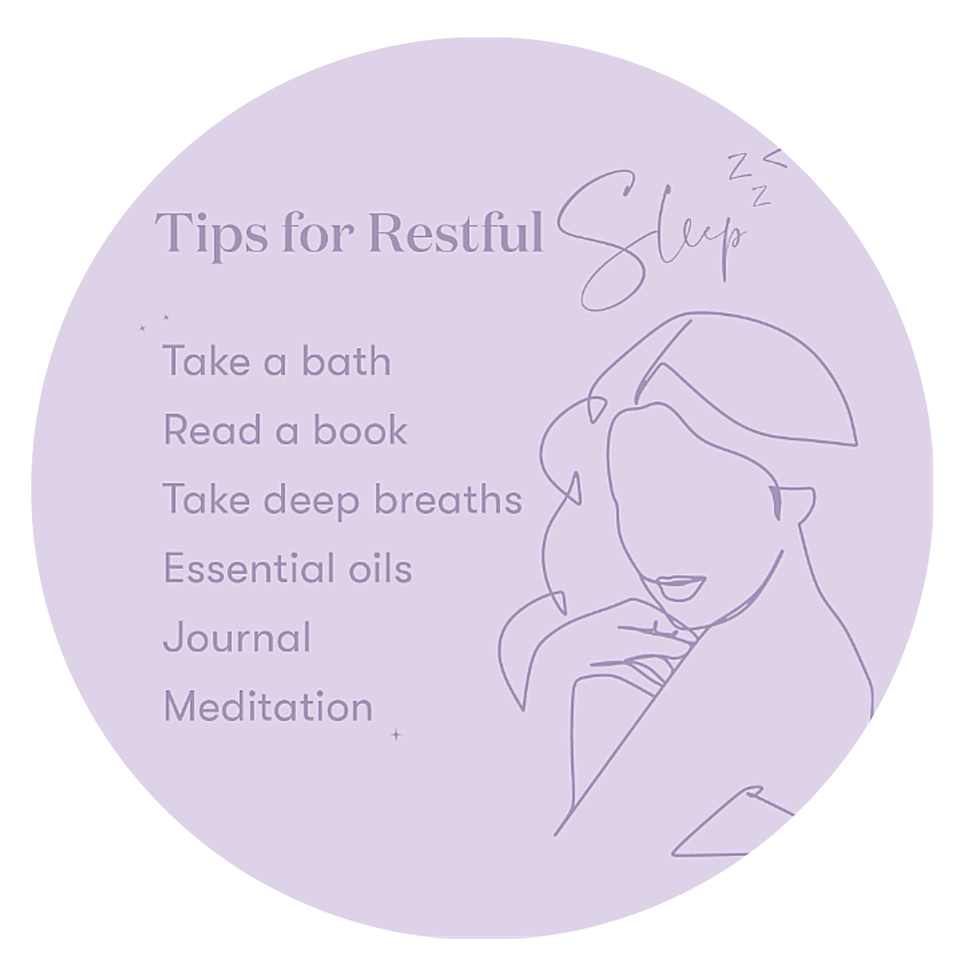 Graphic from Young Living for tips for restful sleep: take a bath, read a book, take deep breaths, essential oils, journal, meditation.